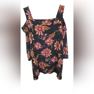Catherines Black Cold-Shoulder Floral Blouse